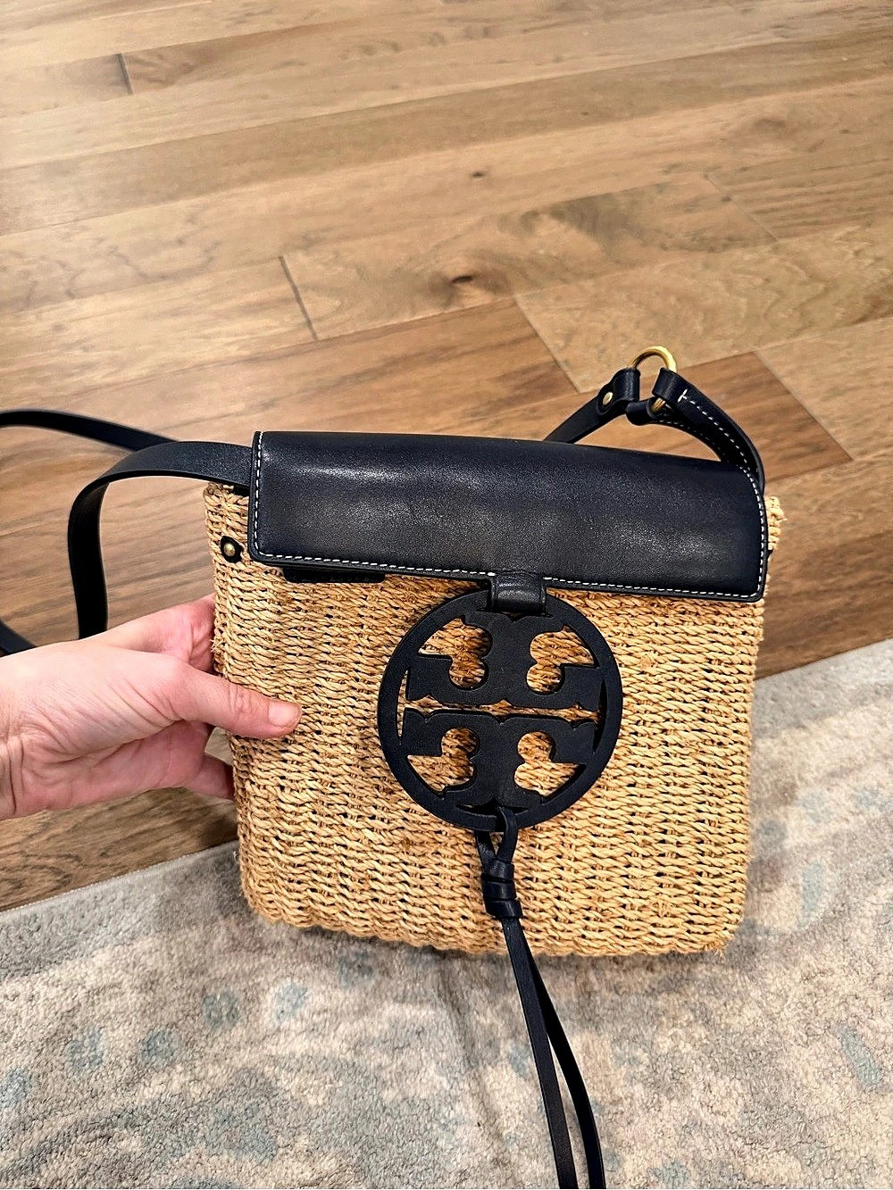 Tory Burch Miller Straw Crossbody Bag in wicker& navy